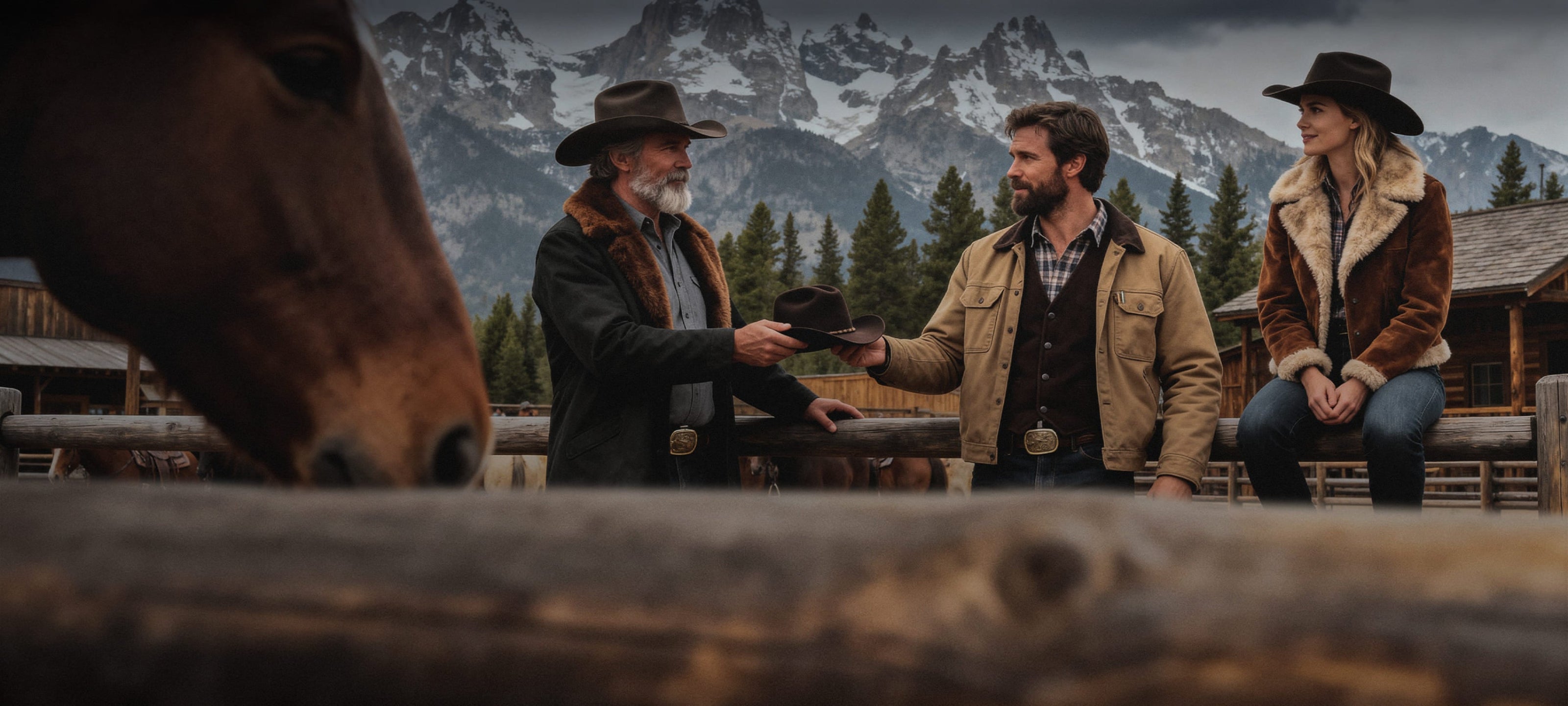 Two men and a woman in cowboy hats interacting with a horse in a mountainous landscape.