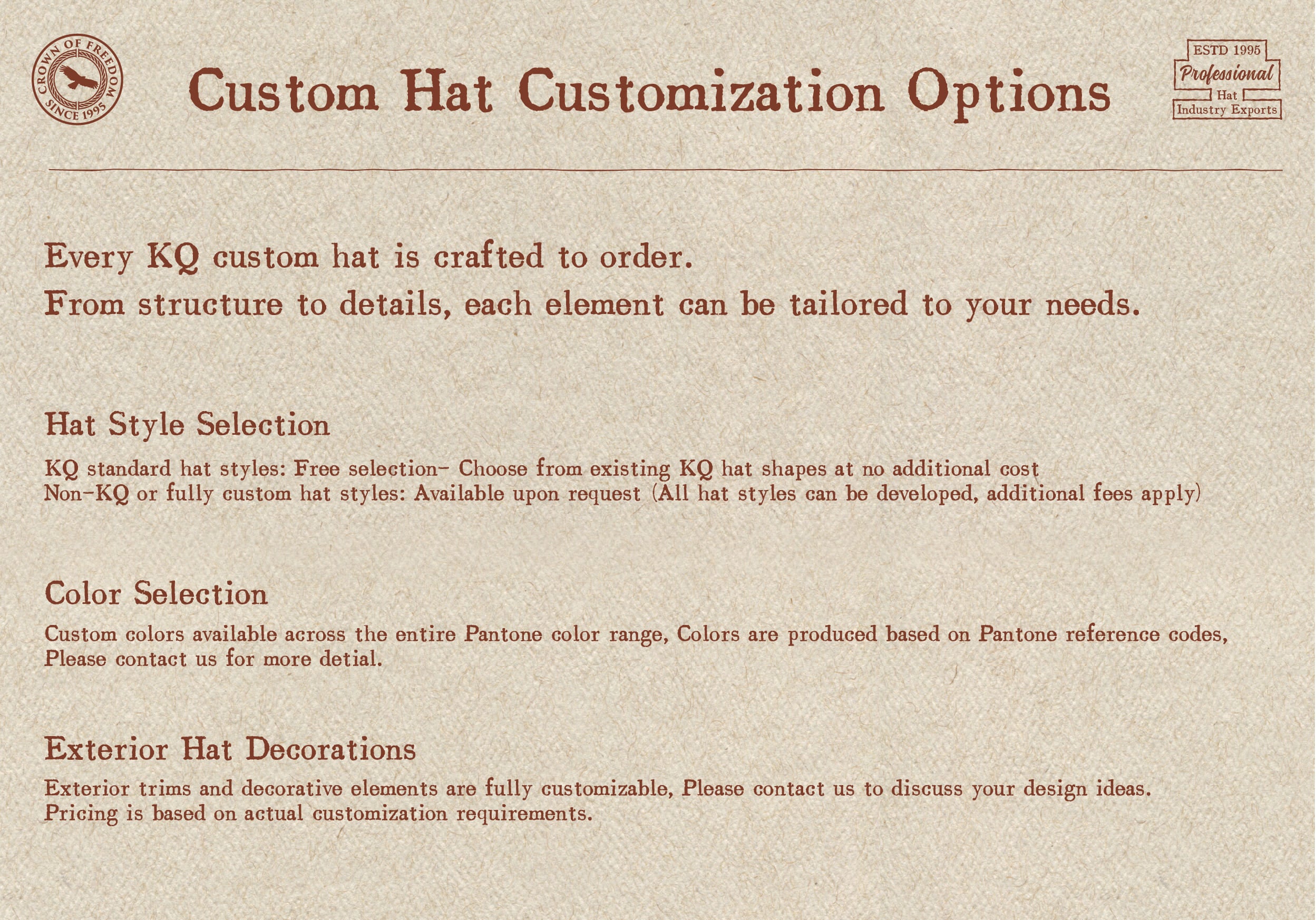 KhaanQuest custom hat customization options overview including style selection, Pantone color range, and exterior hat decorations