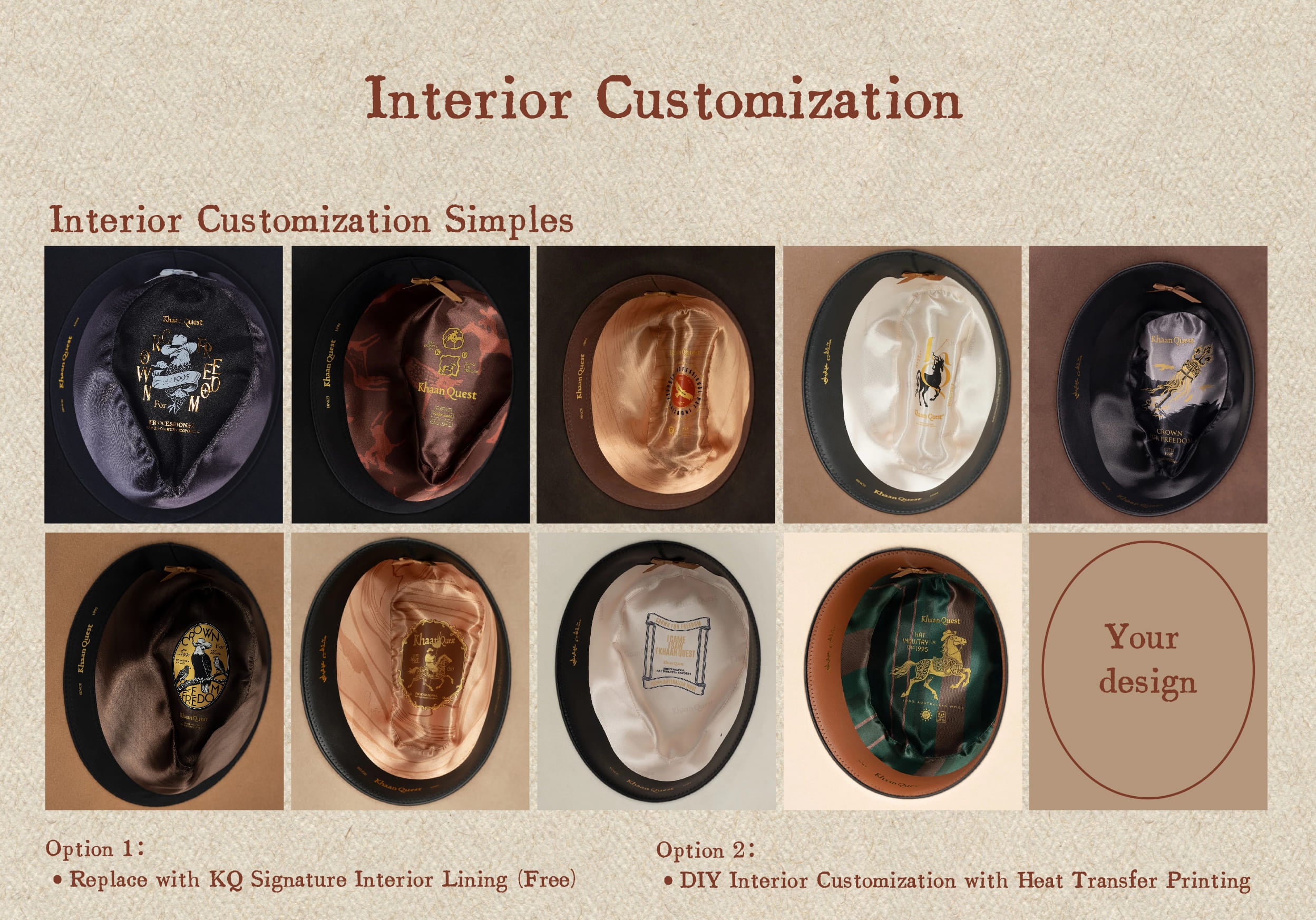 KhaanQuest custom hat interior lining options featuring signature KQ linings and DIY heat transfer printing for personalized designs.