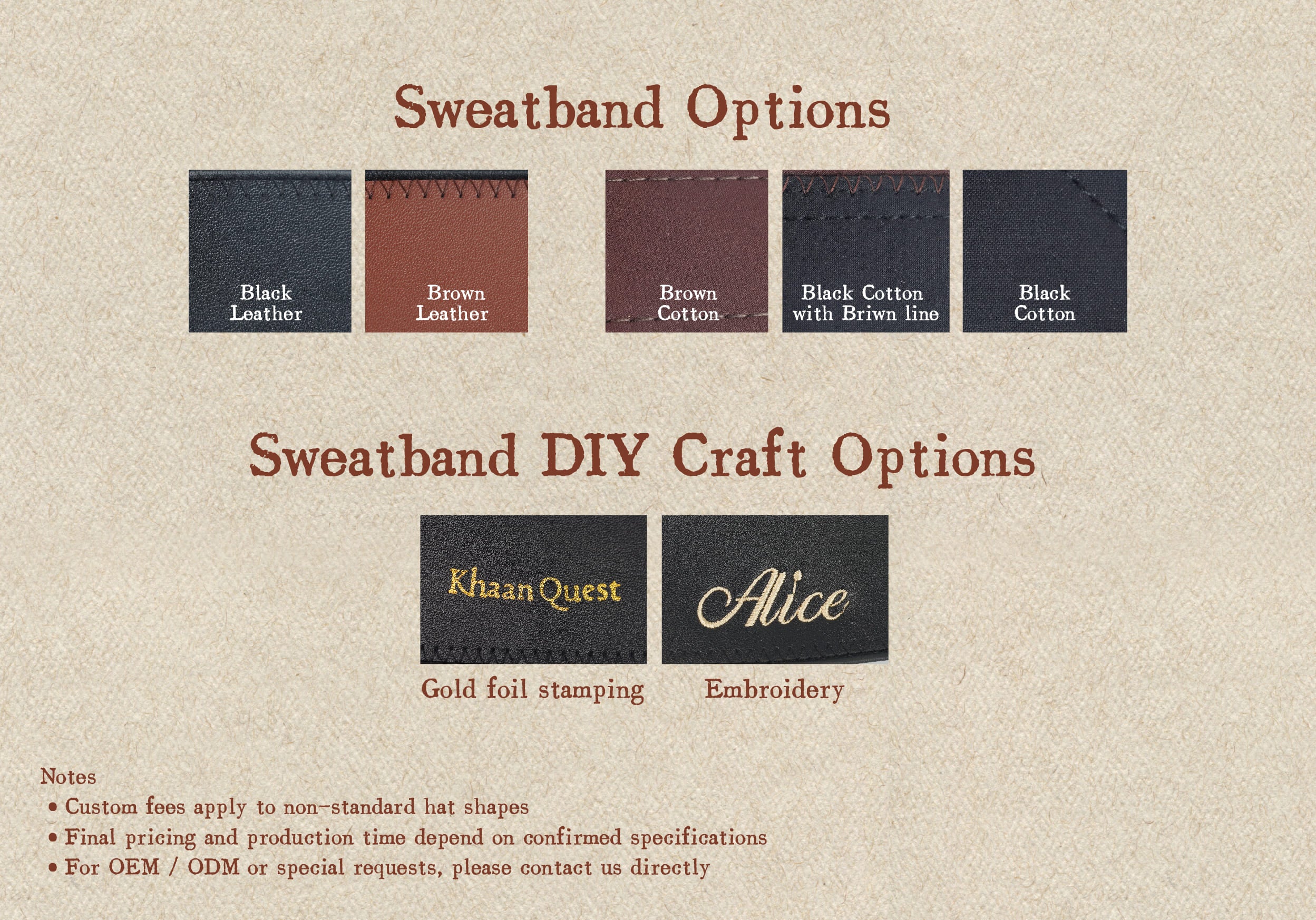 KhaanQuest sweatband material options in leather and cotton with DIY craft choices like gold foil stamping and embroidery.